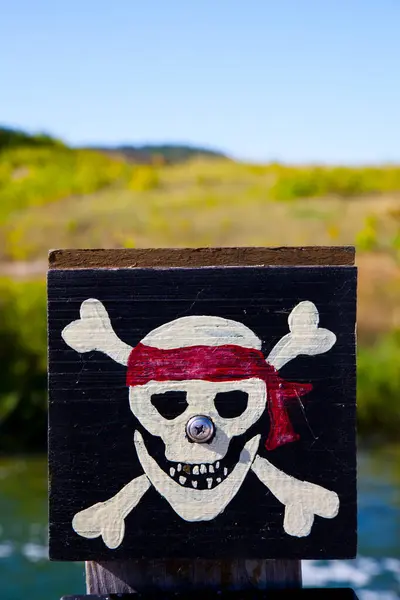 Jolly Roger pirate flag with rustic charm against a sunny outdoor backdrop. Adventure, piracy, and nautical folklore come to life in Empire, Michigan.