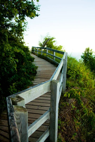 Tranquil Wooden Boardwalk Winds Lush Greenery Empire Michigan Explore Peaceful — Stock Photo, Image