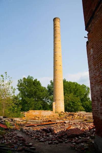 Iconic industrial relic stands tall amidst a decaying landscape, symbolizing the passage of time and natures reclamation. Pierceton Factory, Indiana.