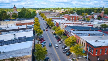 Aerial View of Charming Downtown Goshen, Indiana, with Historic Courthouse and Brick Buildings clipart