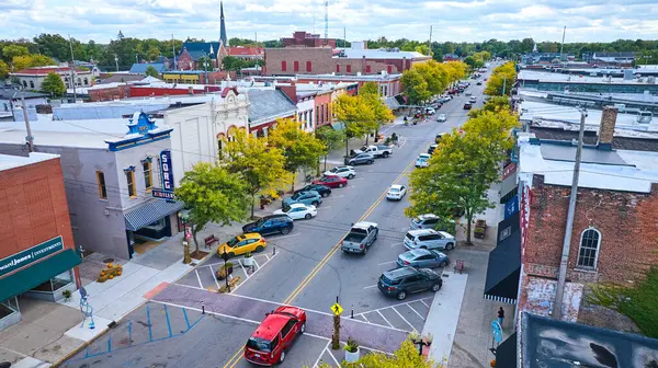 Elevated View Bustling Small Town Main Street Goshen Indiana Featuring — Stock Photo, Image