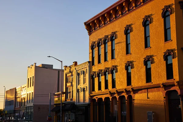 Historic Buildings Muncie Indiana Illuminated Golden Sunrise Light Showcasing Early — Stock Photo, Image