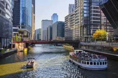 Beyaz teknedeki turistlerin görüntüsü. Chicago kanalı su yolundaki küçük teknenin yanında. Gökdelenleri var, yaz günü.