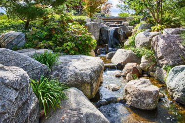 Şelalesi şelalesi ve yemyeşil yemyeşil serin Japon tarzı bahçe, Elkhart, Hindistan Botanik Bahçeleri, 2023 'te gün ışığıyla aydınlandı..