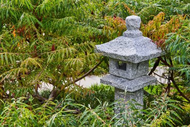 Indiana, Elkhart 'taki Serene Botanik Bahçesi, 2023' te canlı mevsimsel yeşillikler arasında doğal ahenk ve farkındalığı kapsayan geleneksel bir taş fener sergiliyor.