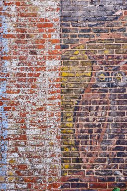 Sağda baykuş resmi, solda beyaz boya lekeleri, arka planda varlık olan bölünmüş kırmızı tuğla duvar resmi