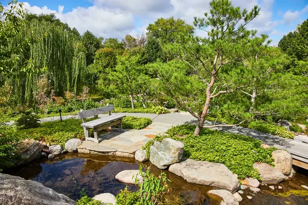 Serenity in Elkhart Botanic Gardens, 2023 - Tranquil Japanese Garden with Reflective Pond, Stone Pathway, and Lush Greenery