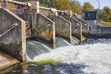 Michigans Huron Nehri 'ndeki Argo Barajı' nın güneşli manzarası, dinamik su taşkınlığını ve sonbahar yapraklarının ortasında sağlam çelik altyapısını gösteriyor.