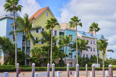 Nassau, Bahamalar 'daki tropikal pastel konutlar, bulutların öptüğü mavi gökyüzünün altında yemyeşil palmiye ağaçlarıyla çevrili.