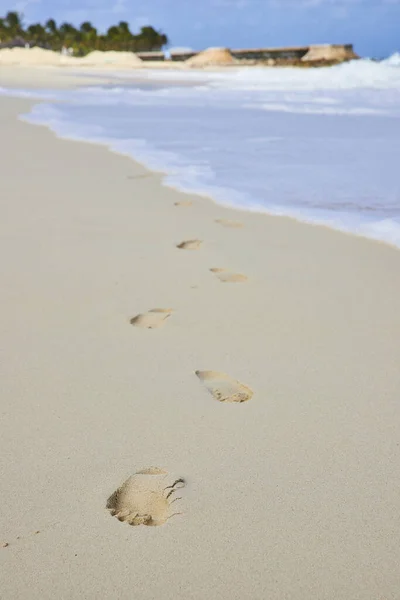 Footprints trail across serene Paradise Island beach in Nassau, Bahamas, symbolizing a tranquil journey and personal reflection by the ocean.