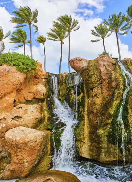 Breathtaking tropical waterfall cascading down moss-covered cliffs framed by slender palm trees, Paradise Island, Bahamas