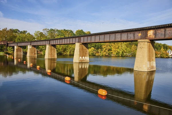 Autumn View Weathered Railroad Bridge Michigans Huron River Floating Buoys — Stock Photo, Image