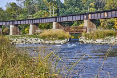 Ann Arbor, Michigan 'da Huron Nehri' nin Huzurlu Gün ortası Manzarası Köprülerin Altında Akıyor