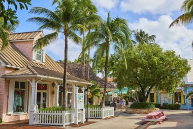 Nassau, Bahamalar 'da güneşli bir günde canlı pastel renkli mimari, tropikal palmiye ağaçları ve sakin bir alışveriş sahnesi sergileniyor..