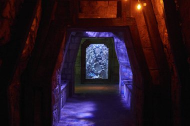 Canlı ışıklandırılmış sanat eserleriyle dolu gizemli taş koridor, Bahamalar 'daki Cennet Adası akvaryumunda antik bir tarihi ve fantezi macerasını çağrıştırıyor..