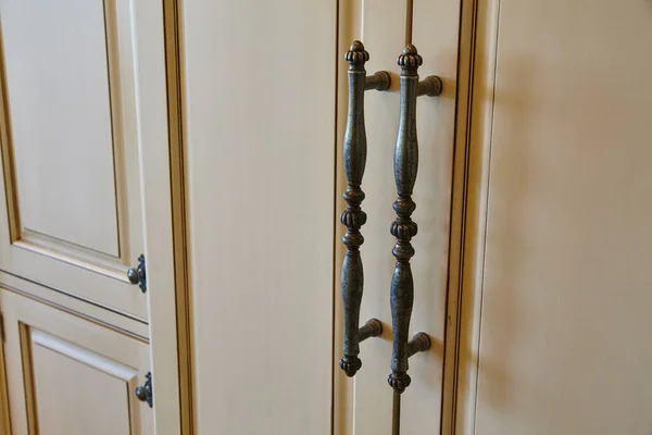 Vintage Bronze Door Handles on Cream Wooden Double Doors, Classic Interior Design, Syracuse, Indiana, 2015