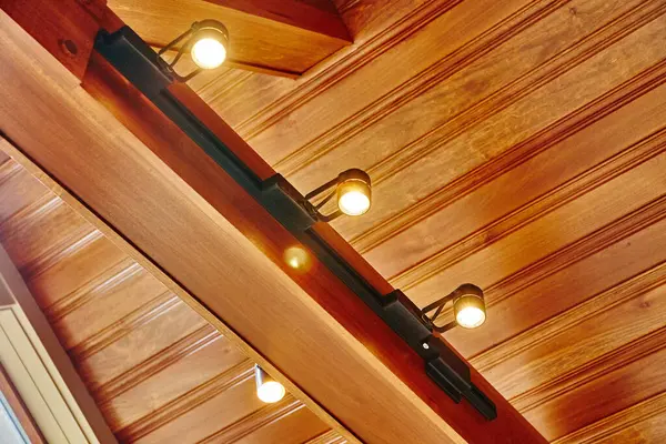 Modern black track lights illuminating a warm, textured wooden ceiling in a cozy Indiana home, showcasing interior design s, 2015.