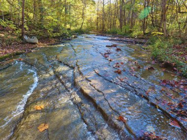 Hathaway Preserve, Indiana 'da sonbahar - Kayaların üzerinden akan, renkli dökülen yapraklarla süslenmiş, 2016' da bir DJI Phantom 4 ile yakalanan sakin bir ormanlık arazinin havadan görünüşü.