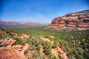 Arizonas Sedona Çölü 'nde Güneşli Gün, Canlı Kızıl Kaya oluşumları ve Yeşillik, 2016