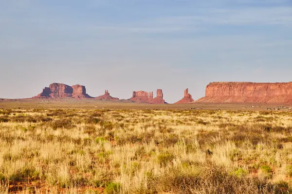 Daytime Panorama Majestic Red Sandstone Mesas Rising Shrub Filled Desert — Stock Photo, Image
