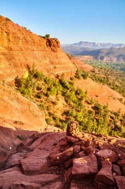 Sedona, Arizona 'daki engebeli Katedral Kayası' nın güneşli gündüz manzarası seyrek bitki örtüsünün ortasındaki kızıl kaya katmanlarını tasvir ediyor. Doğa ve macera temaları için ideal..