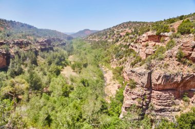 Sedonas ikonik kırmızı kaya kanyonları, yemyeşil bitki örtüsü ve berrak gökyüzü altında sakin bir nehir..