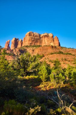 Sedona, Arizona 'daki Majestic Katedral Kayası, canlı mavi gökyüzünün altında çöl manzarasının üzerinde yükseliyor.
