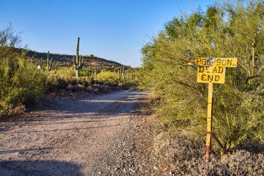 Çölün ortasındaki kırsal sarı uyarı işareti, Sedona, Arizona 'da sıcak güneş ve çıkmaz sokağa işaret ediyor.