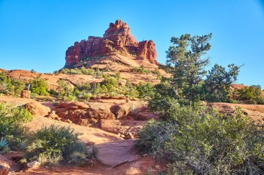 Sedona, Arizona 'daki Bell Rock' ın canlı 2016 gündüz çekimi - berrak mavi gökyüzü altındaki görkemli kırmızı kumtaşı oluşumlarına karşı dayanıklı çöl bitkileri sergiliyor.