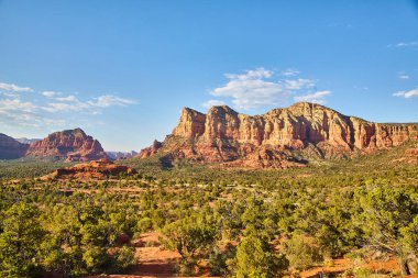 Sedona, Arizona 'daki Bell Rock' ın katmanlı tabakalarını okşayan altın saat ışığı, canlı çöl bitkisi ve engebeli kızıl kayalıklar arasındaki zıtlığı vurguluyor, 2016.