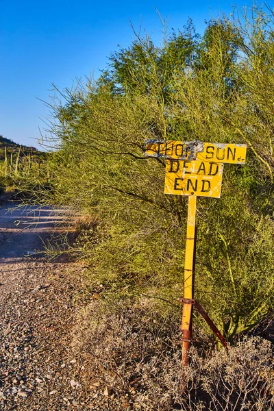 Paslı sarı THOTSON DR ÖLÜM SONU SONU Çölde açık mavi gökyüzü altında tabela, 2016