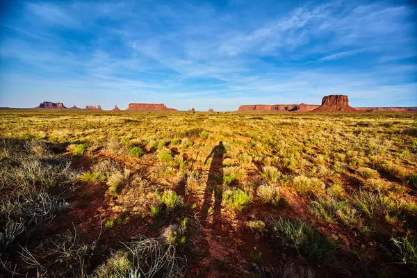 Late afternoon sun casts shadows over arid Arizona desert, highlighting vibrant vegetation and majestic mesas of Monument Valley, 2016