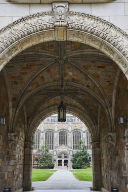 Gotik taş kemer yolu Michigan Üniversitesi 'nde dekoratif eğitim binasına öncülük ediyor. Mimari zarafet ve tarih sergileniyor.