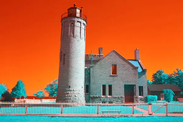 Infrared View Mackinac Lighthouse Michigan Fall 2017 Surreal Landscape Vibrant — Stock Photo, Image