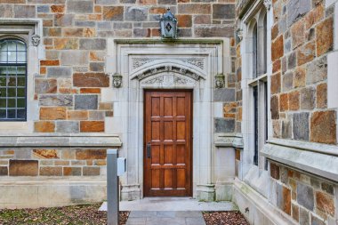 Michigan Üniversitesi Hukuk Fakültesi 'nde yontulmuş taş kemerli zarif ahşap kapı.