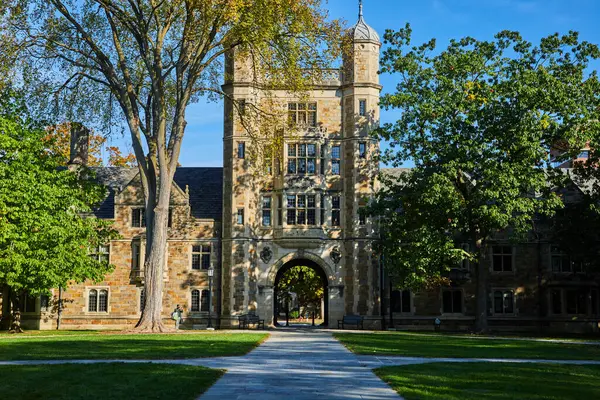 stock image University of Michigans historic Law Quadrangle building showcasing Gothic architecture, against a clear azure sky in early autumn, Ann Arbor.