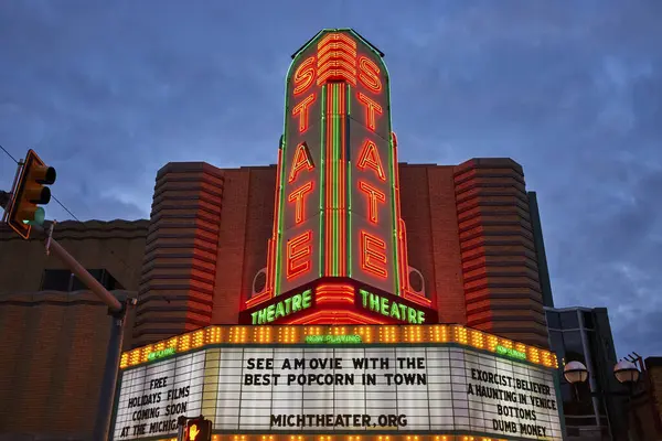 Şehir merkezindeki Ann Arbor, Michigan 'ı aydınlatan canlı neon tabelalar, nostalji ve şehir gece hayatını özetliyor..