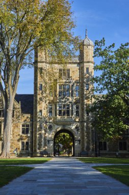 Michigan Üniversitesi Hukuk Fakültesi Dörtgeni, canlı bir sonbahar yeşilliği altında, akademik mükemmelliği ve geleneği sembolize eden tarihi bir taş bina.
