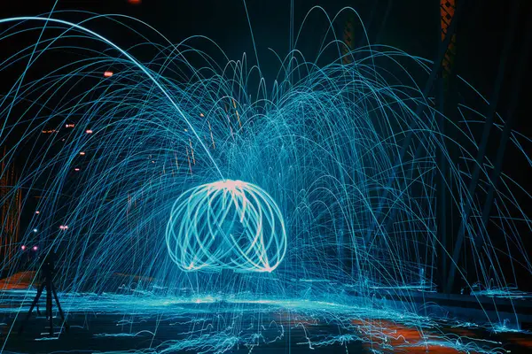 Light Painting Mastery in Fort Wayne, Indiana - A 2017 Infrared, Long exposure self-portrait showcasing a stunning orb of blue light and fiery sparks, capturing the essence of motion and creativity.