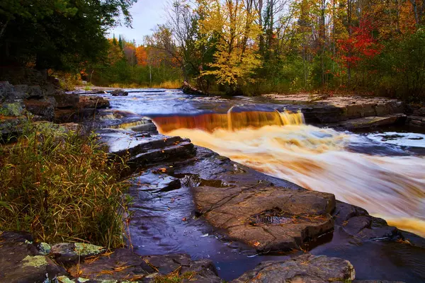 Canyon Falls, Michigan 'da canlı sonbahar renkleri - Dinamik Nehir Ormandaki Kayalık Şelalesinin Üzerinde Dalgalanıyor