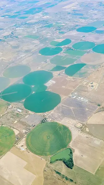 Aerial View of Modern Agriculture in Colorado, 2021 - Vibrant Green Circular Crop Fields and Systematic Road Patterns Captured from Airplane Flight