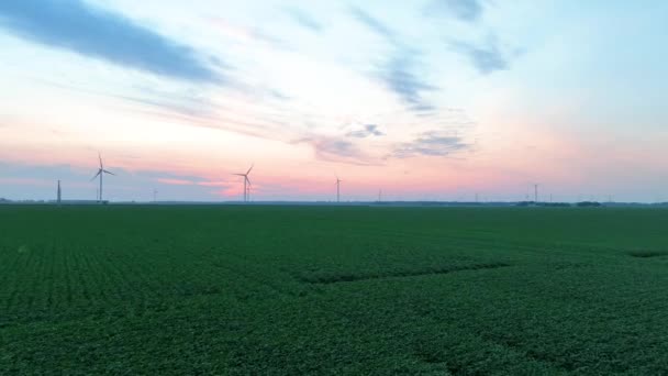 夕暮れのオアヴァ セレン田園の空中飛行機 緑豊かな農地のなかでタワーの風力タービンを展示し 持続可能な農業を象徴する — ストック動画