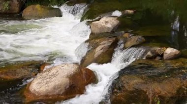 Birleşik Devletler, Indiana, Elkhart 'ın göbeğinde serin çağlayan bir şelalenin sabit çekimi. Güneşle öpülen su yeşil bir ortamda pürüzsüz taşların üzerinde ahenkli bir şekilde akıyor..