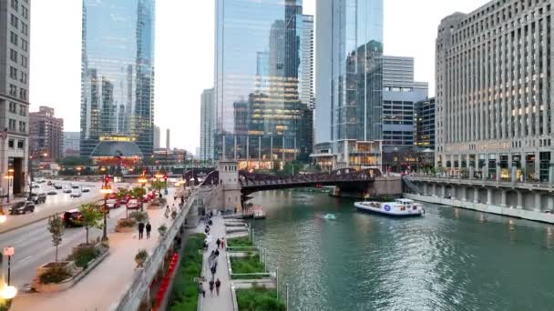 활기찬 시카고 시내의 주춧대 고요한 움직이는 활기찬 생활을 반사하는 빌딩은 — 비디오