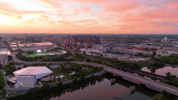 Aerial Pedestal Shot Sunrise Casting Golden Hues Downtown Indianapolis Indiana — Stock Video