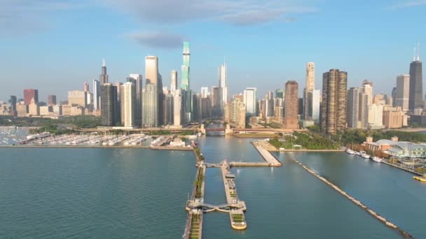 Воздушный Трэкинг Шот Центра Чикаго Показывающий Знаковый Горизонт Navy Pier — стоковое видео