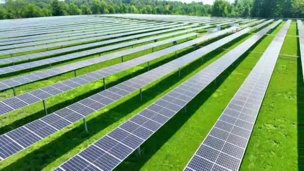 インディアナ州コロンビアシティのエアリアルビュー アクション中の再生可能エネルギーの活気に満ちたシーン 明確な青空の緑豊かなフィールドに細心の注意を払って配置されたソーラーパネル — ストック動画