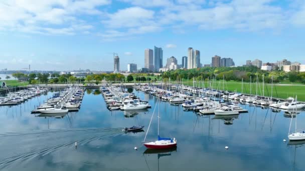 Flygfoto Över Mckinley Marina Center Docks Milwaukee Wisconsin Visar Upp — Stockvideo