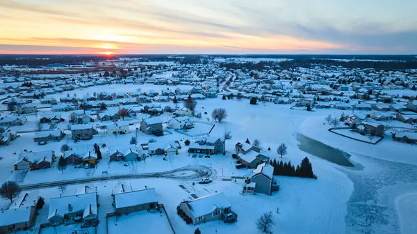 Snow Kissed Suburban Homes Fort Wayne Indiana Sunset Aerial Winter — Stock Photo, Image