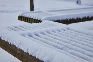 Fort Wayne, Indiana 'da sakin bir kış sahnesinde Freimann Meydanı' nda kar örtüsü kaplı bir bankın doğal güzelliğini sergiliyoruz..